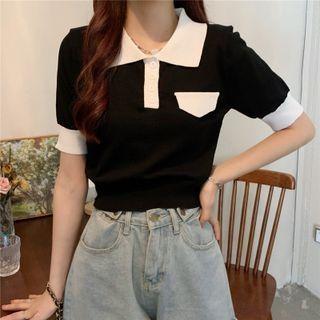 Elbow-sleeve Polo-neck Two-tone Knit Top