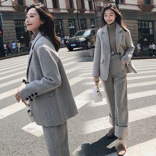 Suit Set: Buttoned Herringbone Blazer + Roll-up Wide-leg Pants