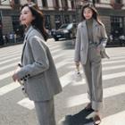 Suit Set: Buttoned Herringbone Blazer + Roll-up Wide-leg Pants