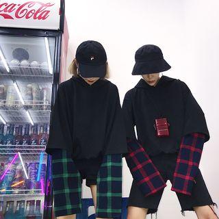 Couple Matching Mock Two-piece Plaid Panel Hoodie