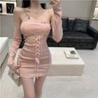Long-sleeve Off-shoulder Chained Lace-up Mini Bodycon Dress