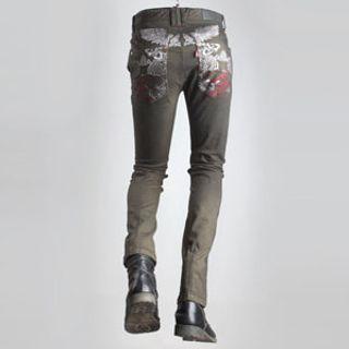 Wing Embroidery Washed Straight Jeans Khaki - 28