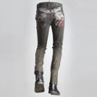 Wing Embroidery Washed Straight Jeans Khaki - 28