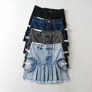 High-waist Bow-accent Mini Pleated Denim Skirt