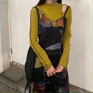 Striped Cut-out Long-sleeve T-shirt / Printed Midi Pinafore Dress