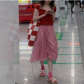 Square-neck Cap-sleeve Blouse / Plaid Drawstring Midi A-line Skirt