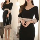Long-sleeve Two-tone V-neck Sheath Dress