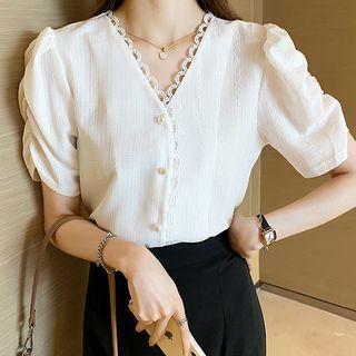 Puff-sleeve V-neck Lace Panel Blouse