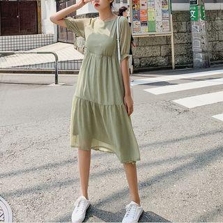 Elbow-sleeve A-line Midi Dress Green - One Size