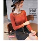 Long-sleeve Lace Panel Beaded Knit Top