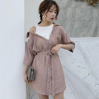 Mock Two-piece Elbow-sleeve Striped Mini Dress