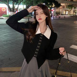 Long-sleeve Two-tone Cropped Blouse Black - One Size