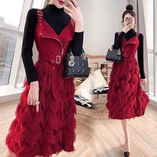 Set: Long-sleeve Top + Midi Fringed Pinafore Dress