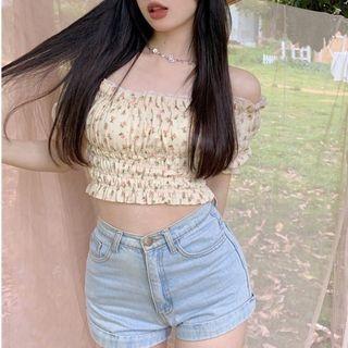 Short-sleeve Floral Print Top / Denim Shorts