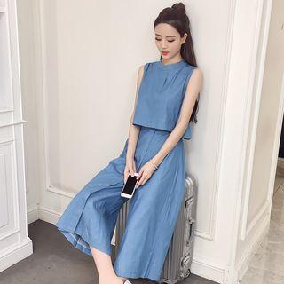 Set: Plain Halter Tank Top + Cropped Wide-leg Pants