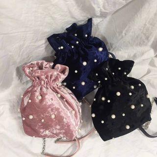 Chain Strap Beaded Velvet Bucket Bag