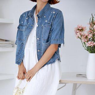Flower Stud Denim Shirt Blue - One Size