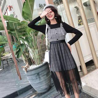 Set: Long-sleeve T-shirt + Mesh Overlay Plaid Midi Pinafore Dress