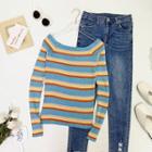 Striped Long-sleeve Knit Top Stripes - Blue & Orange - One Size