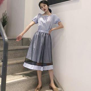 Set: Plaid Off-shoulder Top + Mesh Overlay A-line Skirt