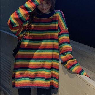 Striped Crewneck Long T-shirt Rainbow - One Size