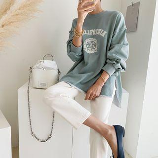 Overlock-stitch Letter Sweatshirt Sky Blue - One Size