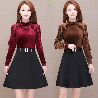 Long-sleeve Paneled Mini A-lie Velvet Dress