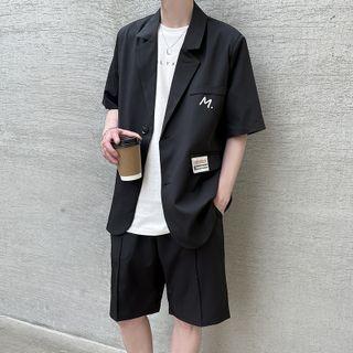 Set: Short-sleeve Applique Button-up Blazer + Plain Shorts