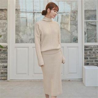 Set: Mock-neck Rib-knit Top + Midi Skirt