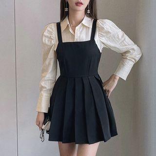 Set: Puff Sleeve Plain Shirt + Pleated Mini Overall Dress