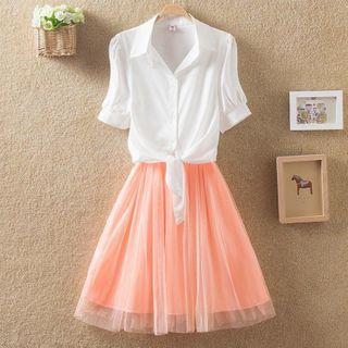 Set: Elbow-sleeve Shirt + Spaghetti Strap Midi A-line Mesh Dress