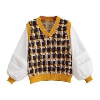 Plaid V-neck Knit Sweater Checked Print - Free Size