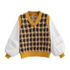 Plaid V-neck Knit Sweater Checked Print - Free Size