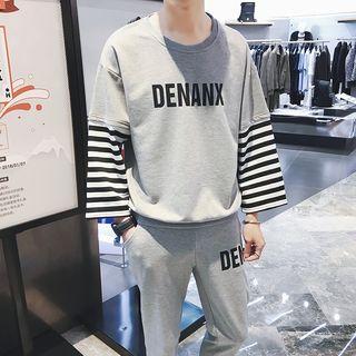 Set: Striped Panel Long-sleeve Lettering T-shirt + Lettering Sweatpants