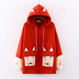 Fox Embroidered Hoodie Fleece Lining - Red - One Size