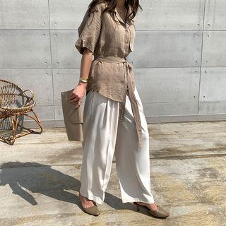 Flap Shirt Jacket With Sash Dark Beige - One Size