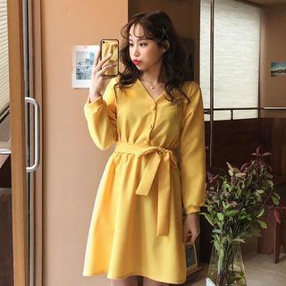 Half-placket Band-waist Dress With Sash
