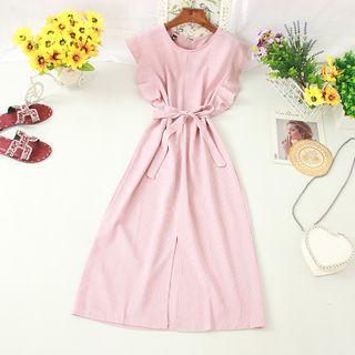 Pinstriped Tie-waist Sleeveless Midi A-line Dress