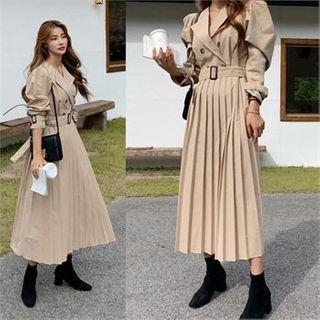 Double-breasted Plated-hem Trench Dress With Belt Beige - One Size
