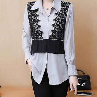 Elbow-sleeve Mock Two-piece Lace Trim Shirt