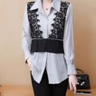 Elbow-sleeve Mock Two-piece Lace Trim Shirt