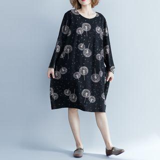 Long-sleeve Dandelion Print Shift Dress