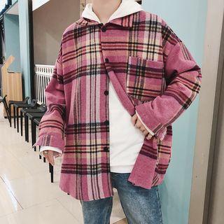 Long-sleeve Plaid Woolen Button-down Shirt