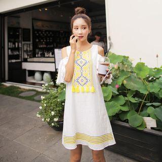 Cutout-shoulder Tassel-detail Dress