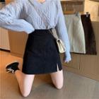 Plain High-waist Corduroy Mini A-line Skirt