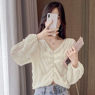 Long-sleeve V-neck Ruched Chiffon Blouse