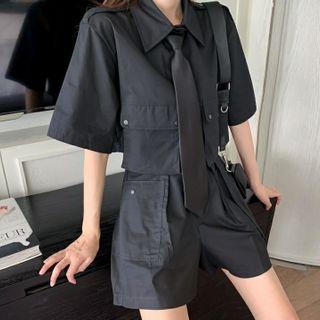Tie-neck Elbow-sleeve Cargo Shirt / Shorts