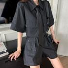 Tie-neck Elbow-sleeve Cargo Shirt / Shorts