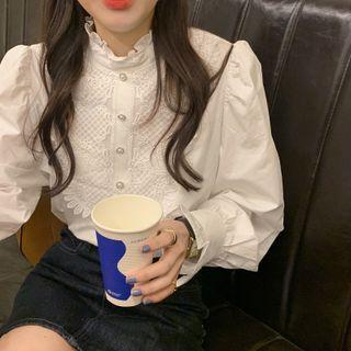 Ruffle Trim Lace Panel Blouse White - One Size