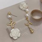 Rose Faux Pearl Asymmetrical Alloy Dangle Earring 1 Pair - White - One Size